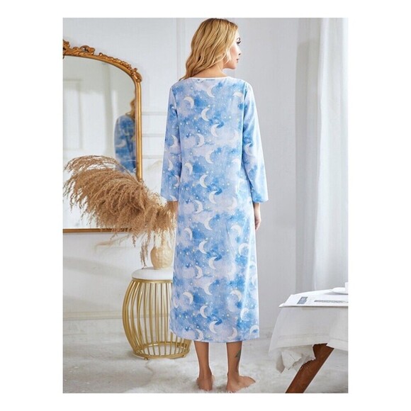 Nightgown Blue Cloud Moon Soft Thin Long Sleeve Pajama PJ Kimono - Picture 3 of 6